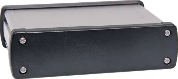 146x41x89mm Silver Extruded Aluminium Equipment Enclosure These rugged extruded silver anodised aluminium boxes are fitted with black aluminium end caps for a professional finish. Extrusion has 5 PCB internal mounting ribs. Tough single piece extruded design. Includes four rubber feet.