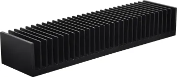 300 x 75 x 46mm Diecast Heatsink Includes machined mounting surfaces for semiconductors. H 0535, H 0538 and H 0542 have 35mm wide by 6mm flange for semis or PCB's. H 0545 has a machined flat rear surface only. Fins are matt black.
H 0535, H 0538, H 0542 45D x 75H mm.
(not including flang