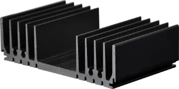 128 x 75mm Extra Heavy Duty Heatsink Black anodised. Incorporates a number of recessed "channels" on the flat side to enable self tapper screw fixing from chassis etc, without the need to drill holes. Other recesses are provided to mate with 1mm sheet metal thus allowing the construction of
