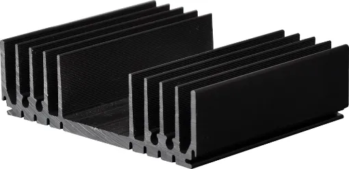 Black anodised. Incorporates a number of recessed &quot;channels&quot; on the flat side to enable self tapper screw fixing from chassis etc, without the need to drill holes. Other recesses are provided to mate with 1mm sheet metal thus allowing the construction of