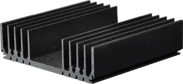 128 x 125mm Extra Heavy Duty Heatsink Black anodised. Incorporates a number of recessed "channels" on the flat side to enable self tapper screw fixing from chassis etc, without the need to drill holes. Other recesses are provided to mate with 1mm sheet metal thus allowing the construction of