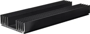 128 x 300mm Extra Heavy Duty Heatsink Black anodised. Incorporates a number of recessed "channels" on the flat side to enable self tapper screw fixing from chassis etc, without the need to drill holes. Other recesses are provided to mate with 1mm sheet metal thus allowing the construction of