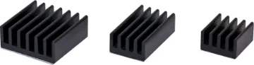 Raspberry Pi Black Heatsink Set A 3 piece set of heatsinks to help cool the CPU, USB controller and RAM chips on the Pi 4. Peel and stick thermal tape backing. Also suitable for use with other development boards.