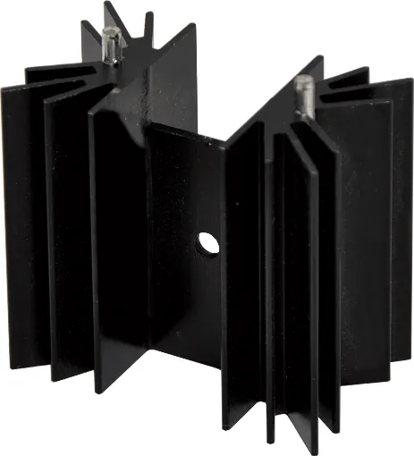 Suitable for flat pack semis up to TO-3P size. Vertical mount. Includes  2 PCB pins.
Thermal resistance: 	7.25C/W.