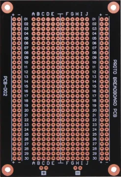 94 x 64mm 484 Hole Prototyping PCB Board Allows you to keep the same project layout as your
breadboard and transfer it to a permanent PCB.
Solder masked board for easy construction. Includes
power rails running the length of the board. 94 x 64mm. 484 holes.