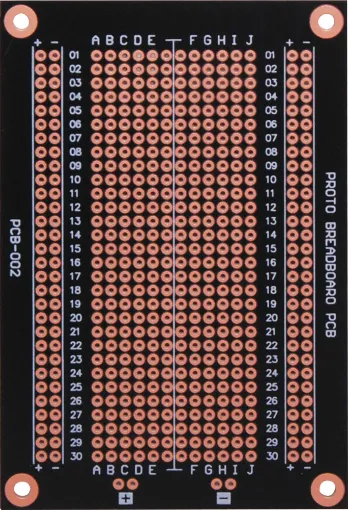 Allows you to keep the same project layout as your
breadboard and transfer it to a permanent PCB.
Solder masked board for easy construction. Includes
power rails running the length of the board. 94 x 64mm. 484 holes.
