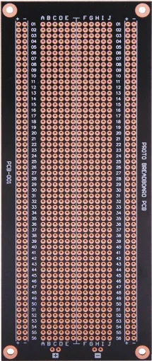 Allows you to keep the same project layout as your
breadboard and transfer it to a permanent PCB.
Solder masked board for easy construction. Includes
power rails running the length of the board. 164 x 64mm. 900 holes.