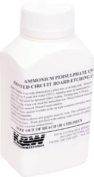 Ammonium Persulphate 600gm A clean, safe to use etchant, white powder, mix with water 1:5 ratio. Used hot, 60 degrees to 70 degrees celsius is not an acid, works by chemical reaction. Instruction on the label and in "AE" laminate instructions. 600gm nett in a screw cap jar.
