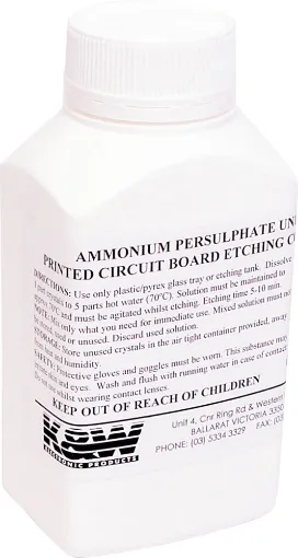 A clean, safe to use etchant, white powder, mix with water 1:5 ratio. Used hot, 60 degrees to 70 degrees celsius is not an acid, works by chemical reaction. Instruction on the label and in &quot;AE&quot; laminate instructions. 600gm nett in a screw cap jar.