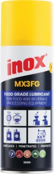 MX3FG Premium Food Grade Machinery Lubricant Spray 300g INOX MX3FG Food Grade Lubricant is a multi-purpose oil based spray designed for use on food processing and handling equipment. Spraying on surfaces creates an anti-rust film to protect from any corrosion or moisture that can occur.