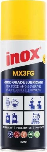 INOX MX3FG Food Grade Lubricant is a multi-purpose oil based spray designed for use on food processing and handling equipment. Spraying on surfaces creates an anti-rust film to protect from any corrosion or moisture that can occur.