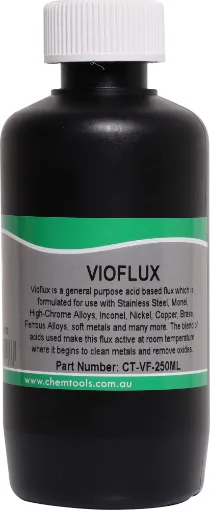 CT-VF-250ML Vioflux is a general purpose acid based flux which is formulated for use with Stainless Steel, Monel, High-Chrome Alloys, Inconel, Nickel, Copper, Brass, Ferrous Alloys, soft metals and many more. 