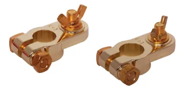 Gold Plated Battery Terminal Pair Gold plated positive and negative marked battery terminals. With M8 wing nut connection and terminal opening to suit T1 standard DIN battery posts.