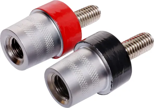 A pair of M8 SAE battery posts marked as positive and negative. Suitable for batteries fitted with an M8 recessed bolt terminal. Manufactured using high quality materials for a reliable connection. 
