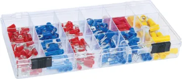 Crimp Connector Set 18 Types With Case Includes an assortment of male and female spade connectors, cable joiners, cup connectors, bullet connectors, ring terminals and piggy back connectors. 10 each of the commonly used crimp lugs, 5 each of the less common. 160 pieces total.