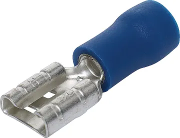 Blue 6.3mm Female Half Insulated Spade Crimp Pk 1000 Spade type with double crimp	
Wire: 1.5 - 2.5mmØ 
Stud: 6.3mm 
Max. voltage: 300V