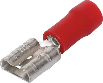 Red 6.3mm Female Half Insulated Spade Crimp Pk 100 Spade type with double crimp	
Wire: 1.5 - 2.5mmØ 
Stud: 6.3mm 
Max. voltage: 300V