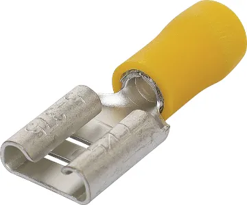 Yellow 9.2mm Female Half Insulated Spade Crimp Pk 10 9.2mm spade type crimp with double crimping ring for secure connection. 4-6mm2 cable entry.