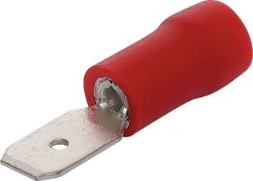 Red 4.8mm Male Spade Crimp Pk 100 Spade type with double crimp. Pack of 100.