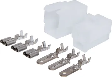 3 Way 15A Male And Female Inline Connector A positive locking latch automatically engages at mating for the single circuit connector. the standard connector used in fusible links. The tin plated crimp contacts, are easily snapped into the housings by hand. Applicable terminal wire range is 1.3 to