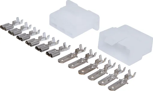 A positive locking latch automatically engages at mating for the single circuit connector. the standard connector used in fusible links. The tin plated crimp contacts.