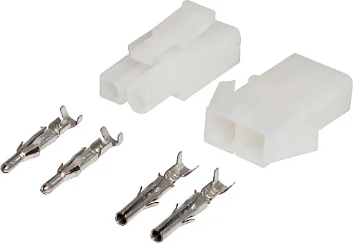 A positive locking latch automatically engages at mating for the single circuit connector. the standard connector used in fusible links. The tin plated crimp contacts, are easily snapped into the housings by hand. Applicable terminal wire range is 1.3 to 