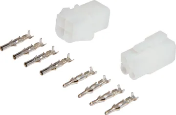 4 Way 13A Male And Female Inline Connector Supplied with crimp pins. Pins crimp (or solder) onto cable and then snap into place inside the connector. Both the plug and socket are inline type, though can also be chassis mounted.
Rated at up to 300V AC/DC, these compact connectors will withstand1,5
