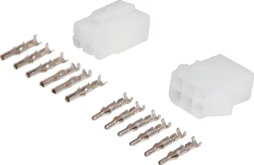 6 Way 12A Male And Female Inline Connector Supplied with crimp pins. Pins crimp (or solder) onto cable and then snap into place inside the connector. Both the plug and socket are inline type, though can also be chassis mounted.
Rated at up to 300V AC/DC, these compact connectors will withstand1,5
