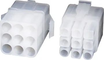 9 Way 10A Male And Female Inline Connector Supplied with crimp pins. Pins crimp (or solder) onto cable and then snap into place inside the connector. Both the plug and socket are inline type, though can also be chassis mounted. 
Rated at up to 300V AC/DC, these compact connectors will withstand1,