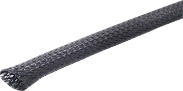 16mm Expandable Braided Cable Sheathing 5m Length A cylindrical self closing design which is expandable up to 3 times its original size. -75°C to +125°C. Made from PET plastic.  Can be cut with hot knife or scissors.