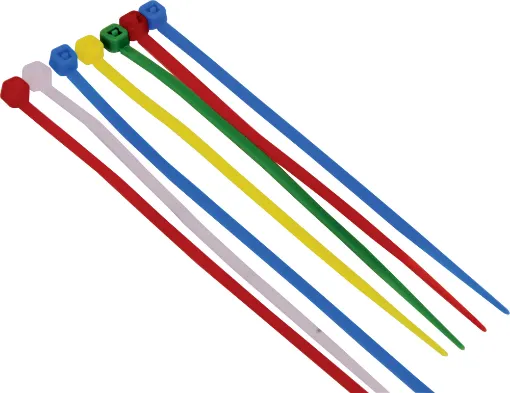 Mixed cable tie pack containing 200 x 100mm cable ties (100 Natural, 25ea x Red, Yellow, Blue, Green) and 100 x 200mm cable ties (50 Natural, 25ea x Red, Blue)