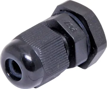 3-6.5mm EG7/PG7 Black IP68 Nylon Cable Gland Multi-piece cable gland with rubber clamping ring for sealing cable apertures in weatherproof equipment or speaker enclosures.