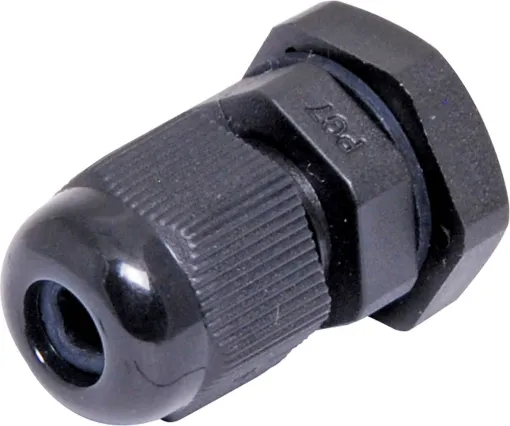 Multi-piece cable gland with rubber clamping ring for sealing cable apertures in weatherproof equipment or speaker enclosures. 
