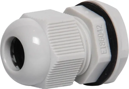 Multi-piece cable gland with rubber clamping ring for sealing cable apertures in weatherproof equipment or speaker enclosures. 
