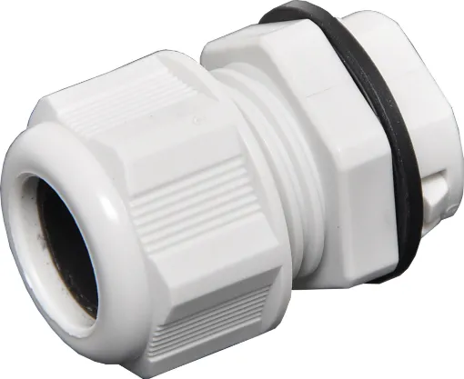 A snapfit grey cable gland made from fire retardant plastic for 9-12.5mm OD cable

PG11 size cable gland with IP68 ingress protection rating. Multi-piece cable glands with rubber clamping ring for sealing cable apertures in weatherproof equipment or speaker enclosures. Constructed from flame retardant plastic materials. Suits cable diameter 9mm t