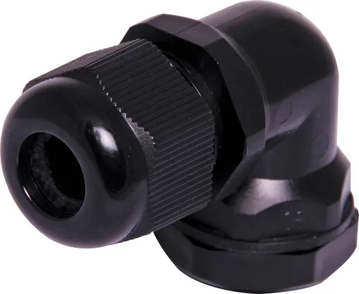 Multi-piece right angle cable glands with rubber clamping ring for sealing cable apertures in weatherproof equipment or speaker enclosures.