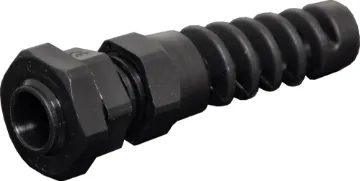 3-6.5mm PG7 Black IP68 Strain Relief Nylon Cable Gland Strain relief gland suits cable 3mm to 6.5mm diameter. Mounting hole  dia. 14mm