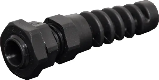 Strain relief gland suits cable 3mm to 6.5mm diameter. Mounting hole  dia. 14mm