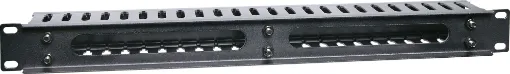 Slotted panels for management of patch leads in IT and comms racks. Durable black powdercoated finish. Features plastic slotted tabs and slide on rear panel cover for a neat finish. 1 RU