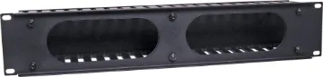 2U Enclosed Cable Hanger 19" Rack Panel Slotted panels for management of patch leads in IT and comms racks. Durable black powdercoated finish. Features plastic slotted tabs and slide on rear panel cover for a neat finish. 2 RU