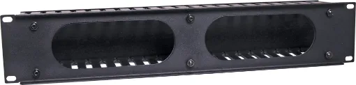 Slotted panels for management of patch leads in IT and comms racks. Durable black powdercoated finish. Features plastic slotted tabs and slide on rear panel cover for a neat finish. 2 RU