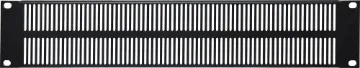 2U / 2RU Vented Black Steel 19" Rack Blanking Panel 2 Unit vented panel for improving rack ventilation around hot equipment. Powdercoated black.