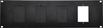 3U 4 x Wall Plate 19" Rack Mount Panel This 3RU plate provides mounting for up to 4 standard electrical wall plates. This allows installers to mount zone control wall plates (such as the Redback A 4490 series) into a rack environment. Supplied with three blanking plates and hardware.