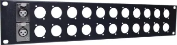 2U XLR 24 Way Patch Panel 19" Rack Panel Pre-punched with either 12(1U) or 24(2U). Tough black powdercoated finish. H 5170 & H 5172 suit the following connectors: 
P 0804 XLR 3 Pin Female
P 0824 XLR 5 Pin Female
P 0904 Amphenol XLR 3 Pin Female
P 0924 Amphenol XLR 5 Pin Female
Note: Thi