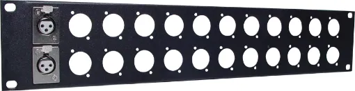 Pre-punched with either 12(1U) or 24(2U). Tough black powdercoated finish. H 5170 & H 5172 suit the following connectors: 

P 0804 XLR 3 Pin Female
P 0824 XLR 5 Pin Female
P 0904 Amphenol XLR 3 Pin Female
P 0924 Amphenol XLR 5 Pin Female

Note: Thi