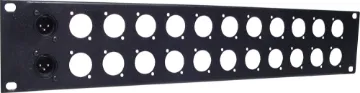 2U 24 Way 'D' Series Connector 19" Patch Rack Panel Pre-punched with either 12(1U) or 24(2U). Tough black powdercoated finish. H 5171 & H 5173 suit the following connectors: 
P 0881 Plastic 3 Pin Male XLR 
P 0883 Plastic 3 Pin Female XLR 
P 0833 Neutrik HDMI Chassis D Series Silver. 
P 0850 Neutrik 3