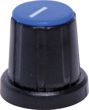 18mm Blue Cap D Shaft Plastic Knob 'D' type to suit 1/4" shaft with flattened edge. Removable coloured caps for precise pointer alignment. Unsuitable for 
R 2150 series wirewound pots.
Please Note: These do not fit the D Shaft Rotary Switch series S 3021 to S 3024