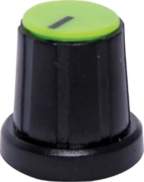 18mm Green Cap D Shaft Plastic Knob 'D' type to suit 1/4" shaft with flattened edge. Removable coloured caps for precise pointer alignment. Unsuitable for R 2154 series wirewound pots.
Green cap
Please Note: These do not fit the D Shaft Rotary Switch series S 3021 to S 3024