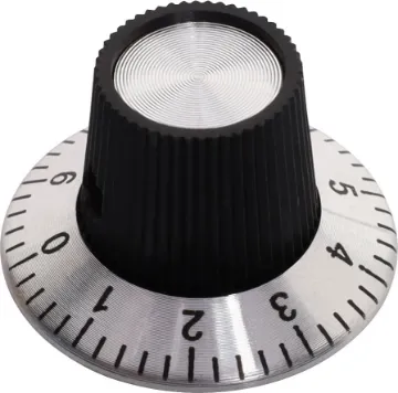 29mm Aluminium Numbered 1/4" Shaft Grub Screw Knob Simple, clean finish with 0-9 numbering. Suits 6.35mm (1/4") shaft with grub screw to secure.