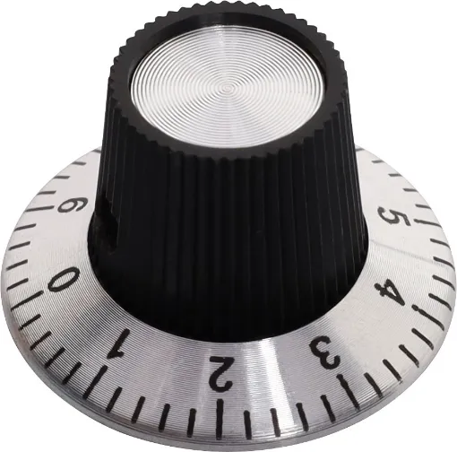 Simple, clean finish with 0-9 numbering. Suits 6.35mm (1/4") shaft with grub screw to secure. 